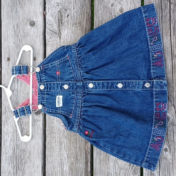 Oshkosh jumper jean dress. Embroidered ABC and apple. Toddler 18m. - Picture 1 of 6
